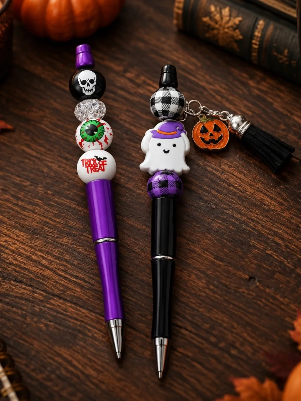 Halloween Handmade Ghost & Skull Beaded 2 Pens - Purple and Black